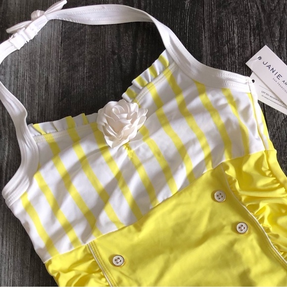 Janie & Jack Yellow and White Striped Halterneck Swimsuit Sailor Retro Size 12 - Picture 4 of 10